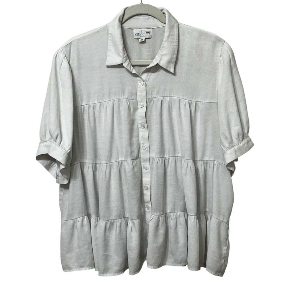 Jun & Ivy White Tiered‎ Babydoll Button Down Blouse Short Puff Sleeve 2X Plus